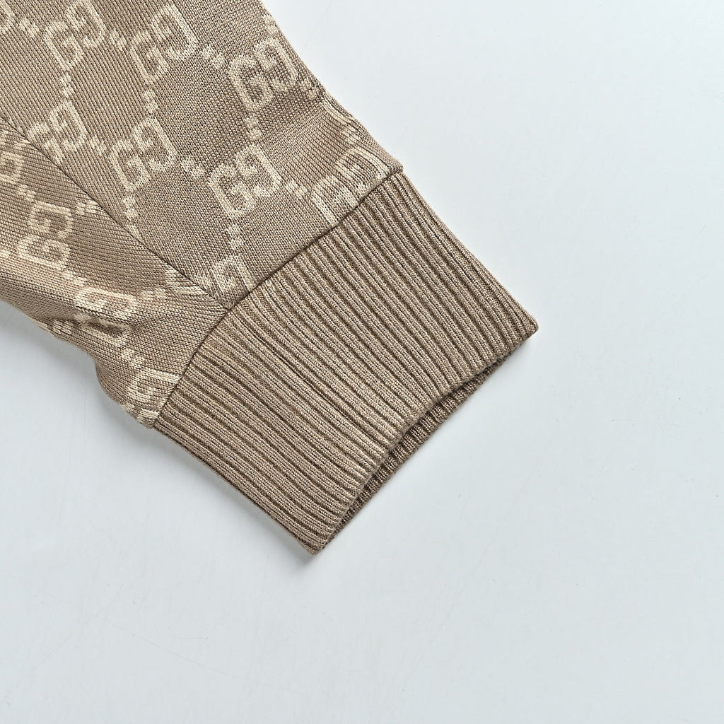 Gucci Taupe GG Monogram Zip-Up Knit Jacket