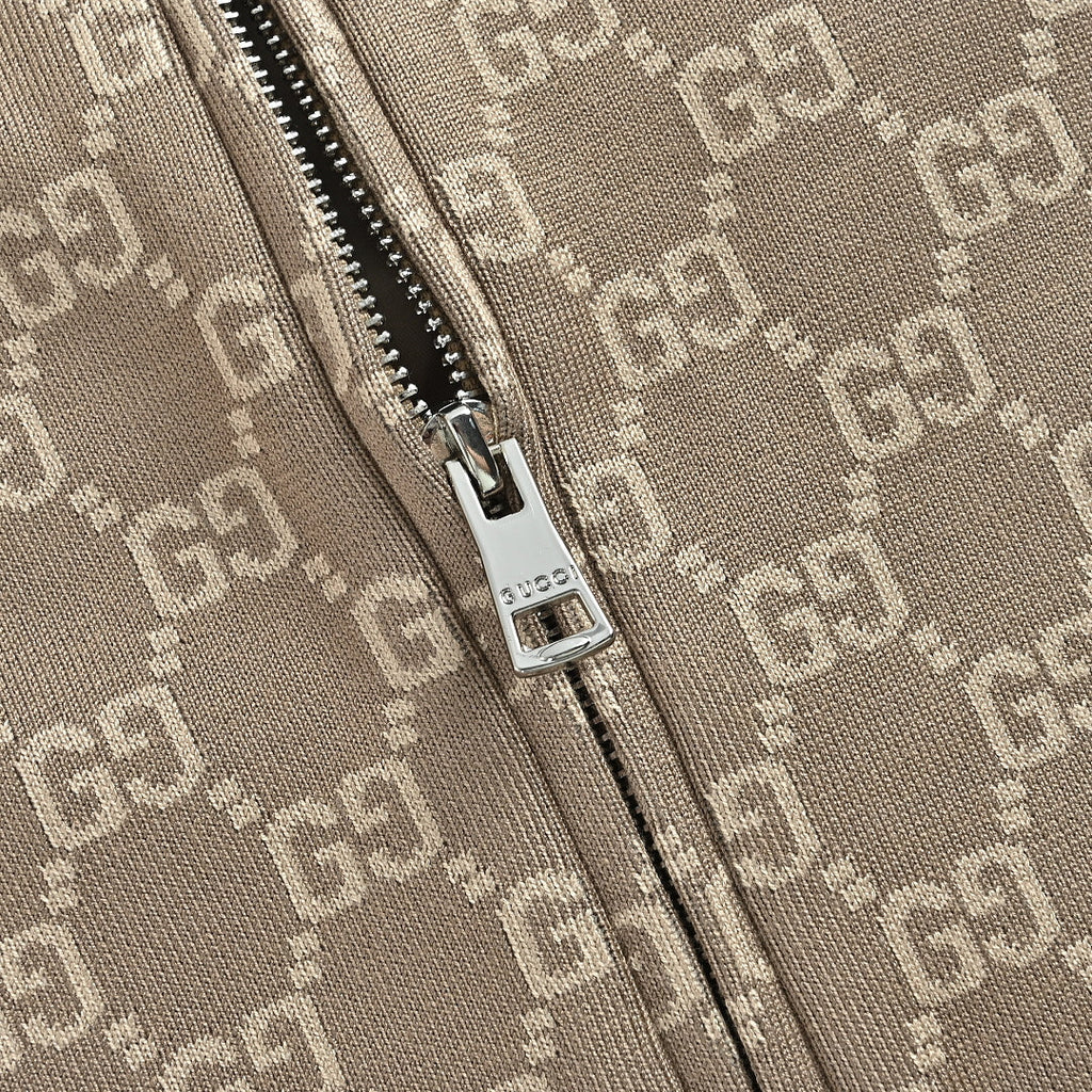 Gucci Taupe GG Monogram Zip-Up Knit Jacket