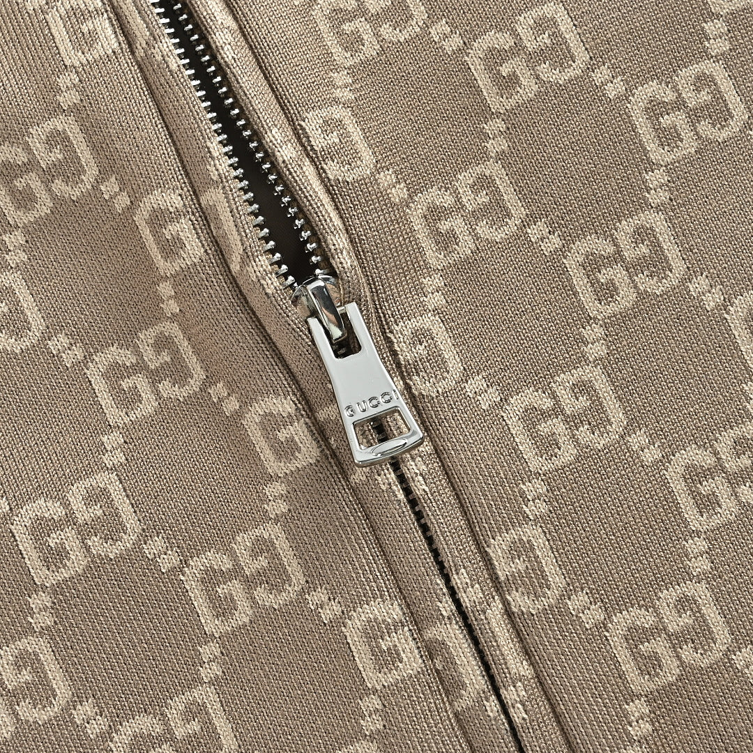 Gucci Taupe GG Monogram Zip-Up Knit Jacket