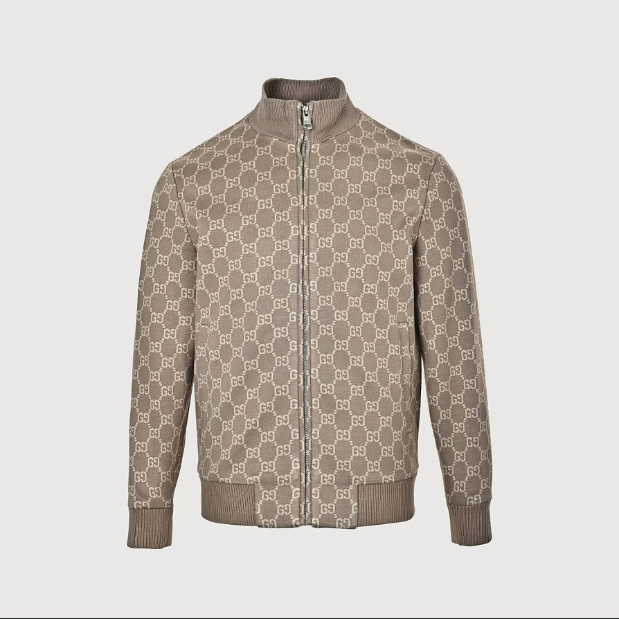 Gucci Taupe GG Monogram Zip-Up Knit Jacket