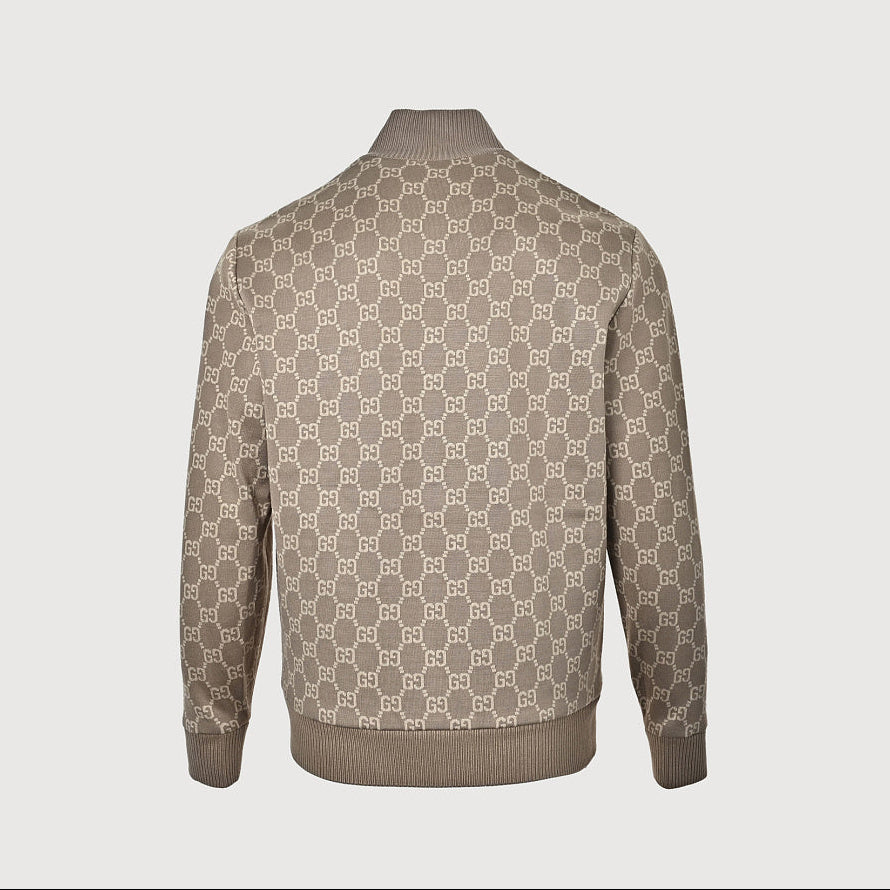 Gucci Taupe GG Monogram Zip-Up Knit Jacket