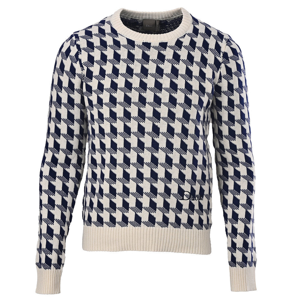 Dior 3D Geometric Houndstooth Jacquard Crew-Neck Sweater Navy & Ivory
