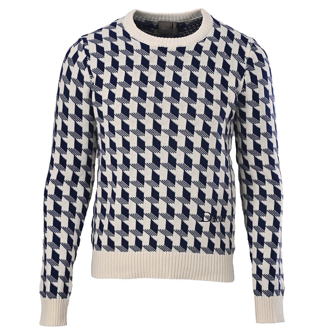 Dior 3D Geometric Houndstooth Jacquard Crew-Neck Sweater Navy & Ivory