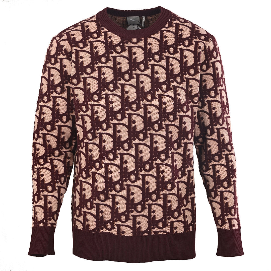 Dior Oblique All-Over Jacquard Knit Crew-Neck Sweater in Bordeaux & Blush