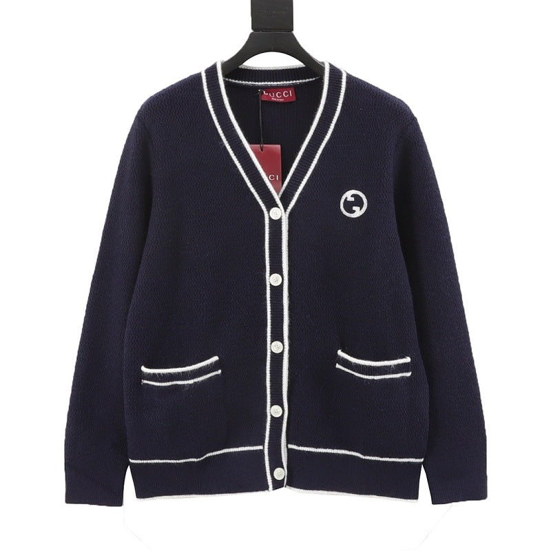 Gucci Navy Blue Contrast-Trim Cardigan