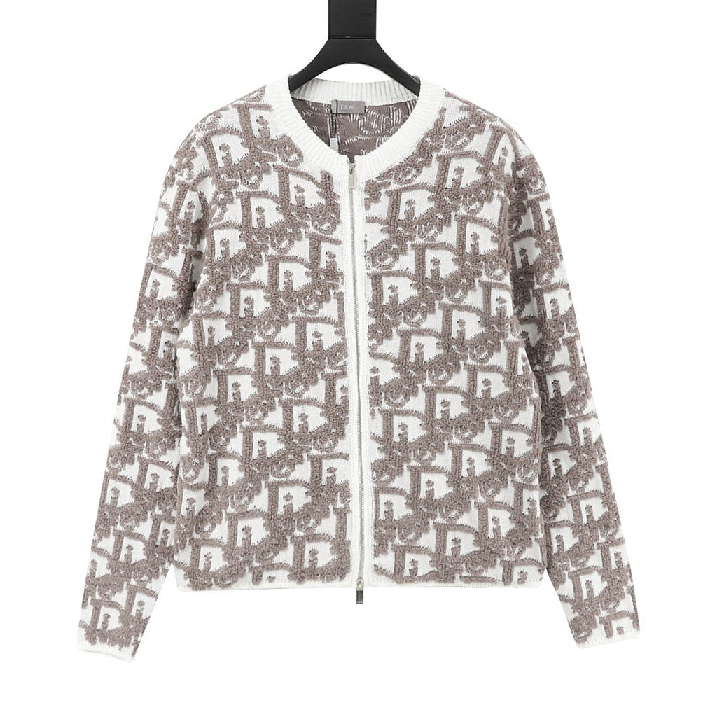 Dior White and Grey Oblique Zip-Up Cardigan