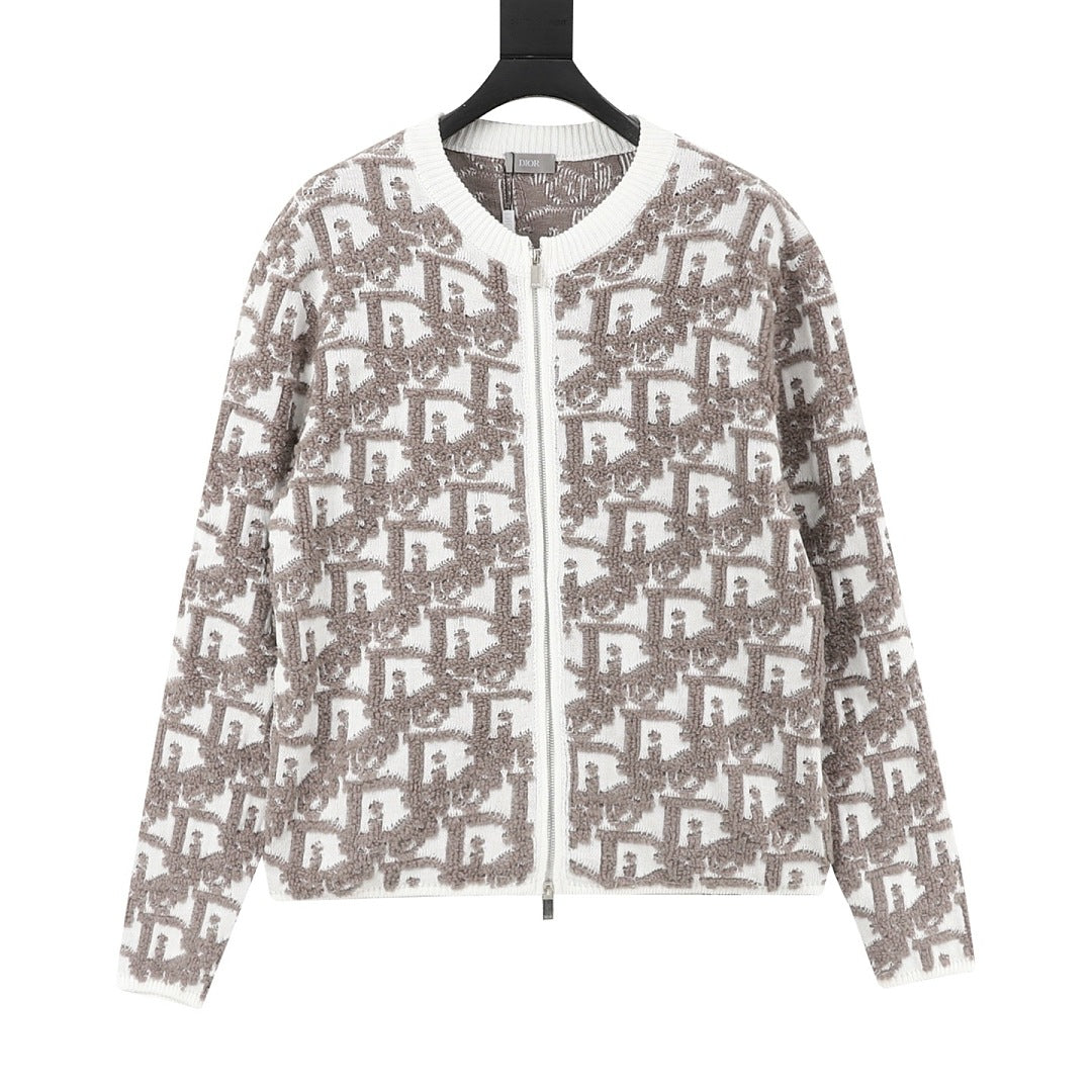 White and grey Fendi FF motif zip-up cardigan with ribbed trims
