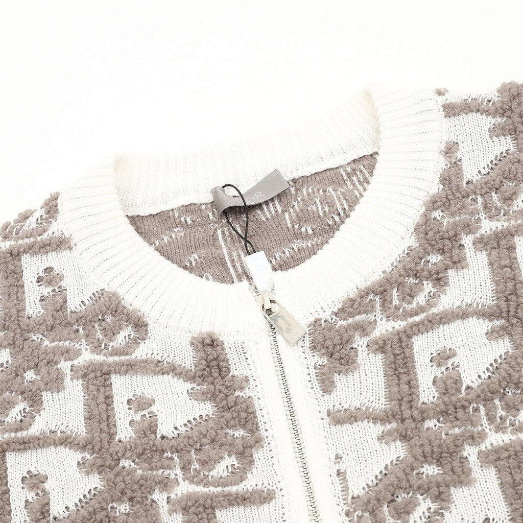 Dior White and Grey Oblique Zip-Up Cardigan