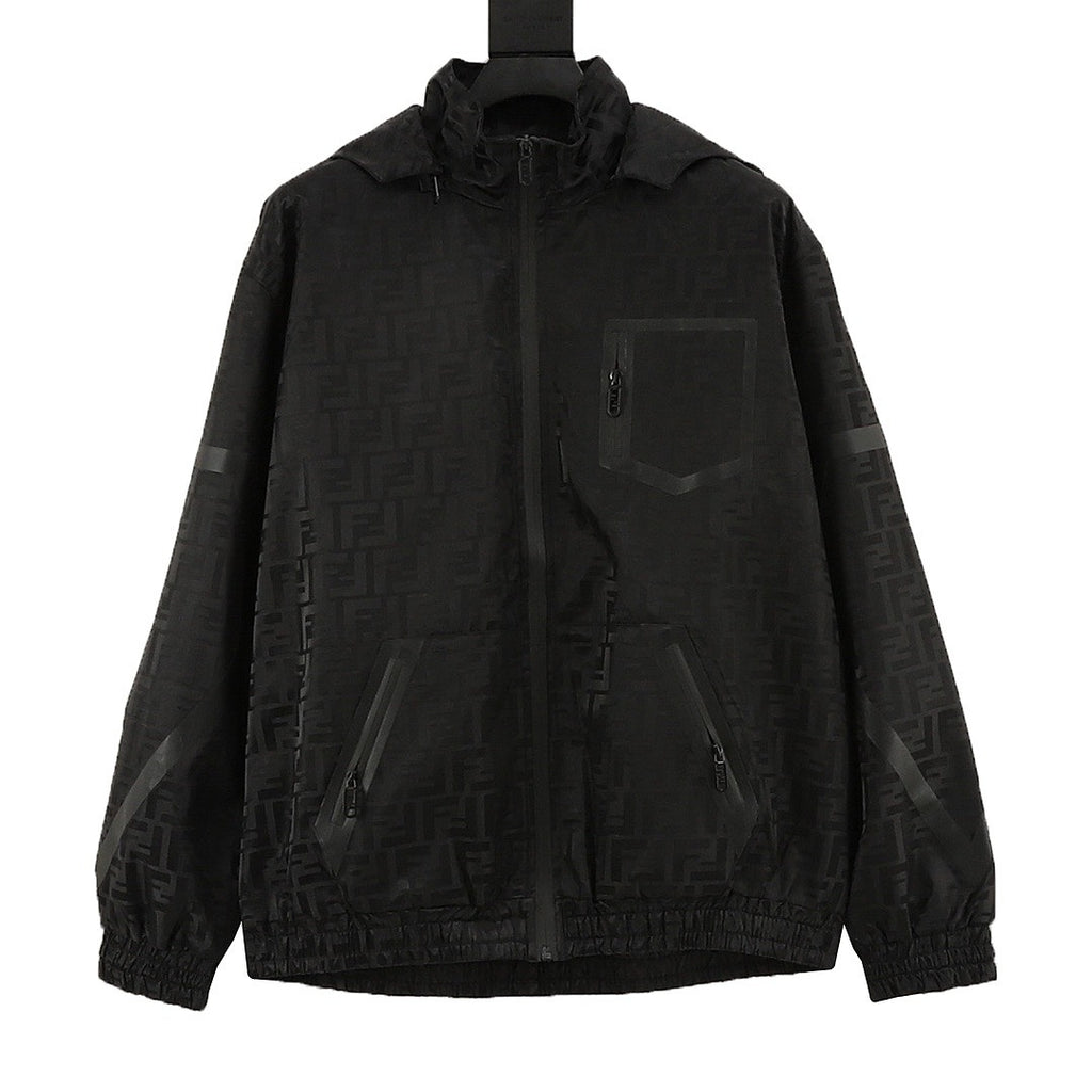 Fendi Black FF Print Hooded Zip-Up Jacket