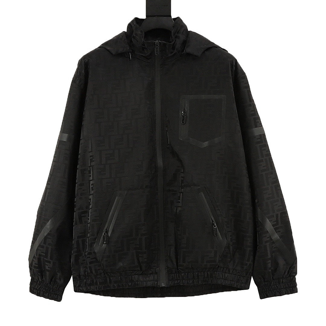 Fendi Black FF Print Hooded Zip-Up Jacket
