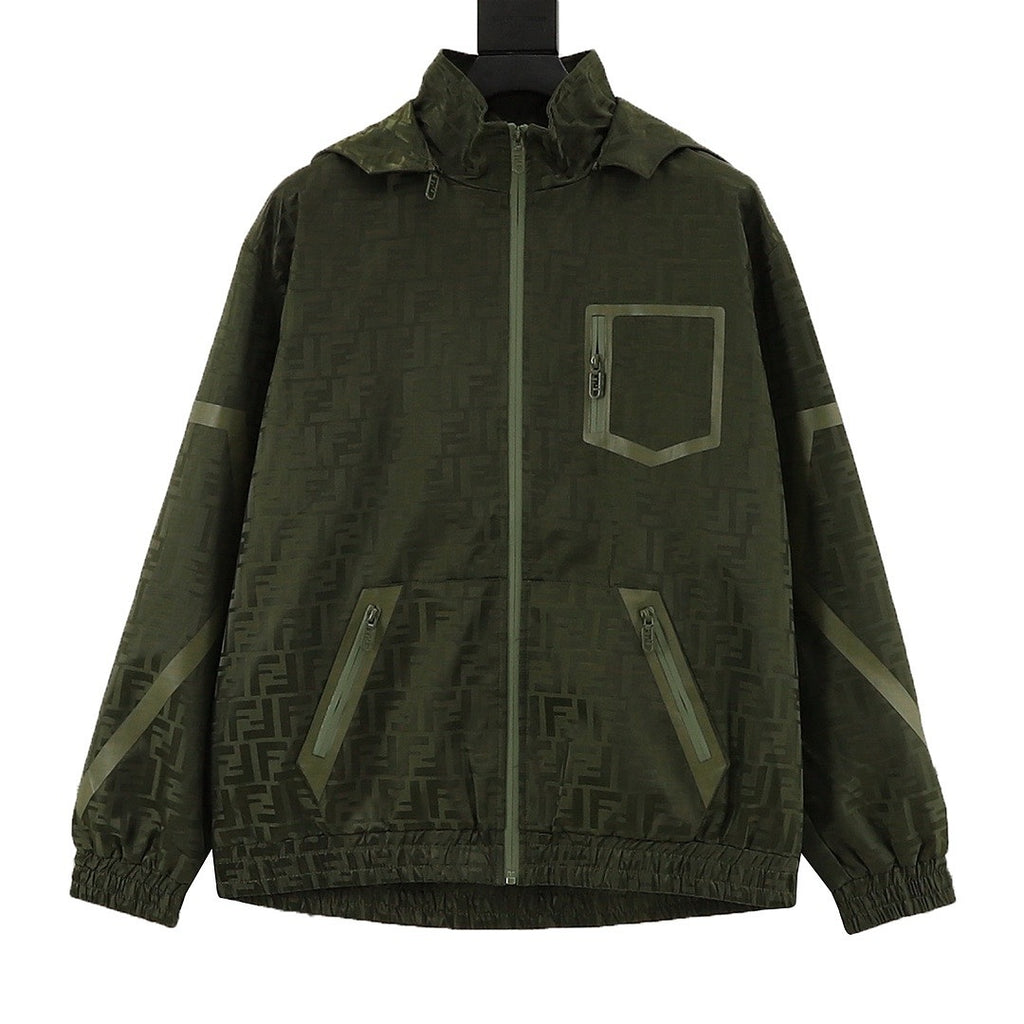 Fendi Olive Green FF Print Hooded Zip-Up Jacket