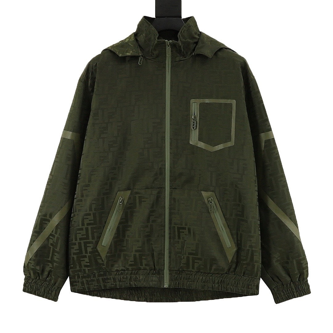 Fendi Olive Green FF Print Hooded Zip-Up Jacket