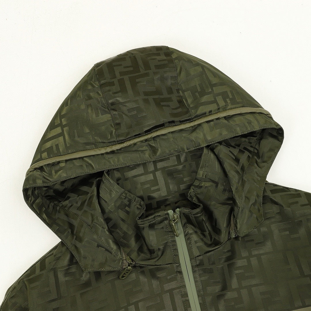 Fendi Olive Green FF Print Hooded Zip-Up Jacket