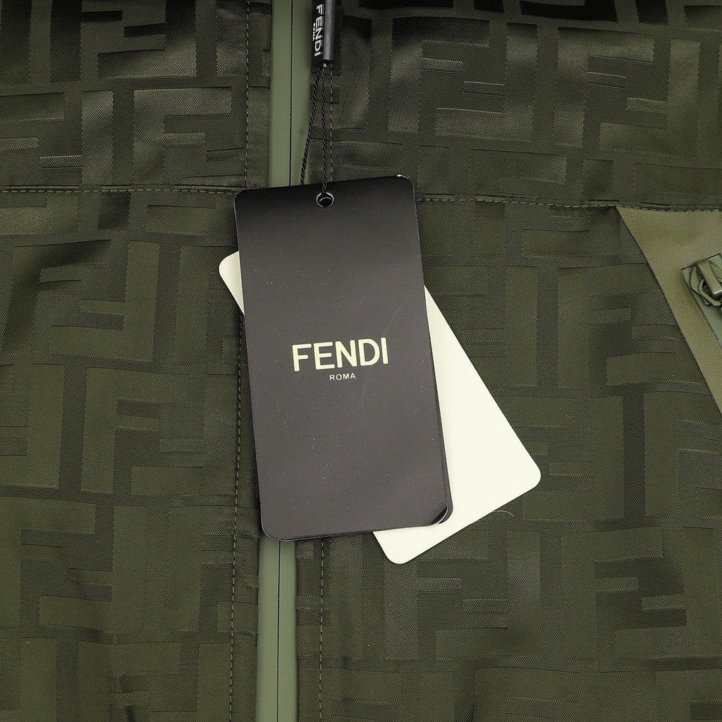 Fendi Olive Green FF Print Hooded Zip-Up Jacket