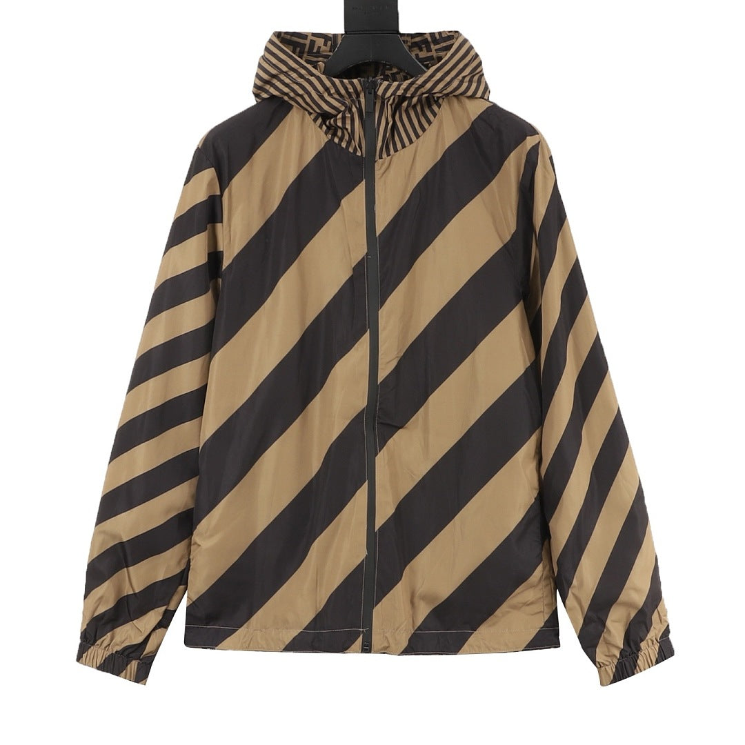 Fendi Tan Reversible Hooded Jacket - FF & Stripes