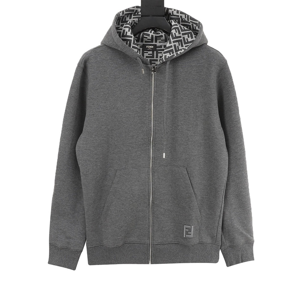 Fendi Grey Zip-Up Hoodie with FF Hood Detail
