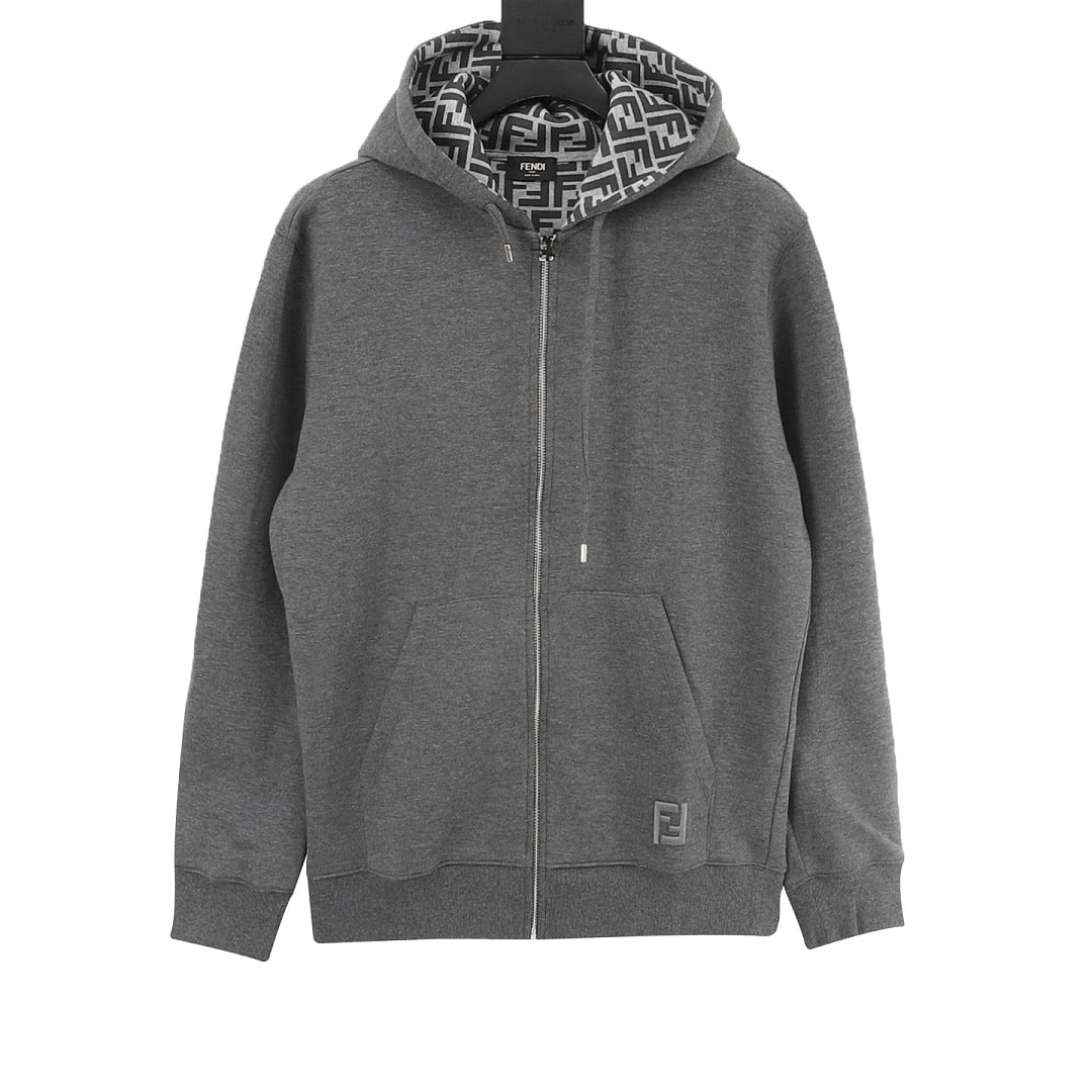 Fendi Grey Zip-Up Hoodie with FF Hood Detail
