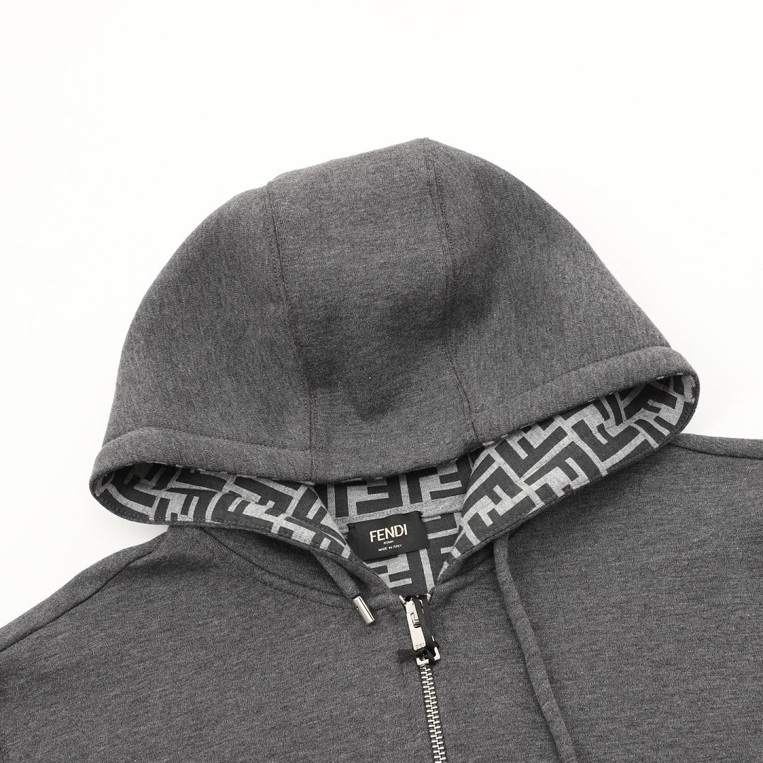 Fendi Grey Zip-Up Hoodie with FF Hood Detail