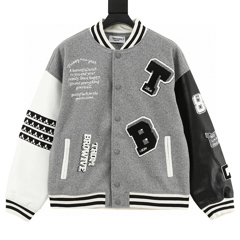 THOM BROWNE Four-Bar Multi-Embroidery Baseball Jacket