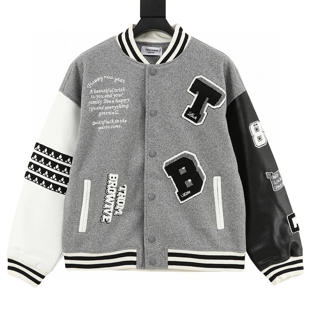 THOM BROWNE Four-Bar Multi-Embroidery Baseball Jacket