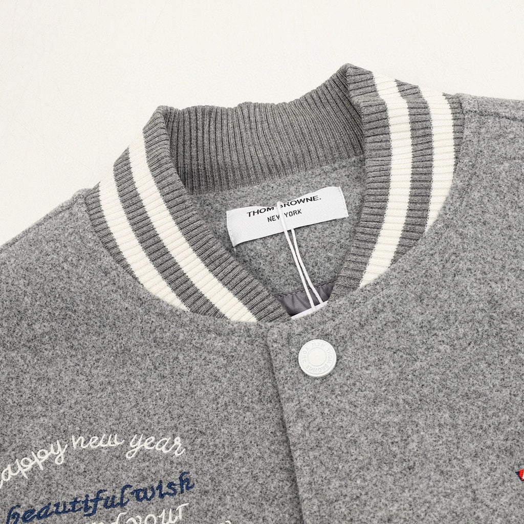 THOM BROWNE Four-Bar Multi-Embroidery Baseball Jacket