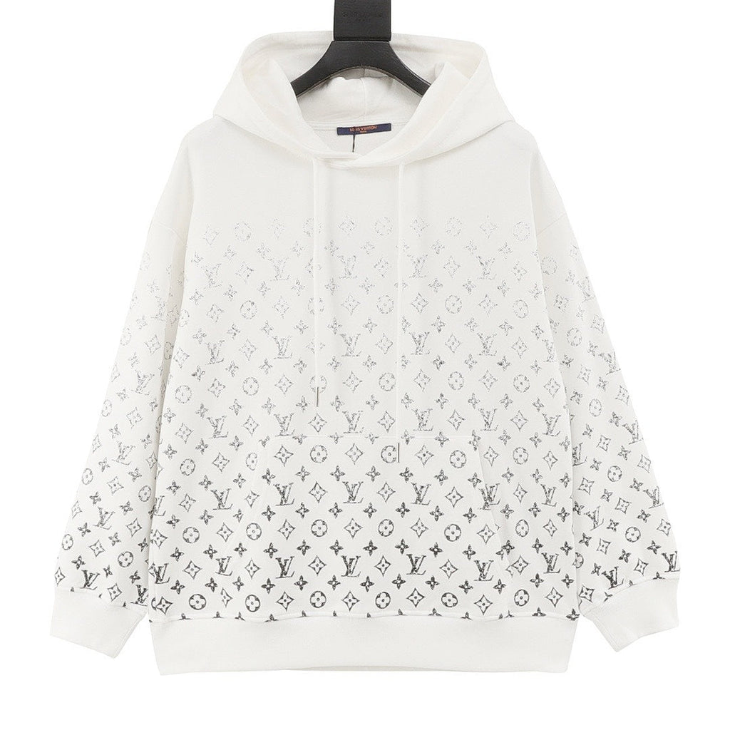 White Louis Vuitton hoodie with gradient Monogram pattern, drawstring hood, and kangaroo pocket