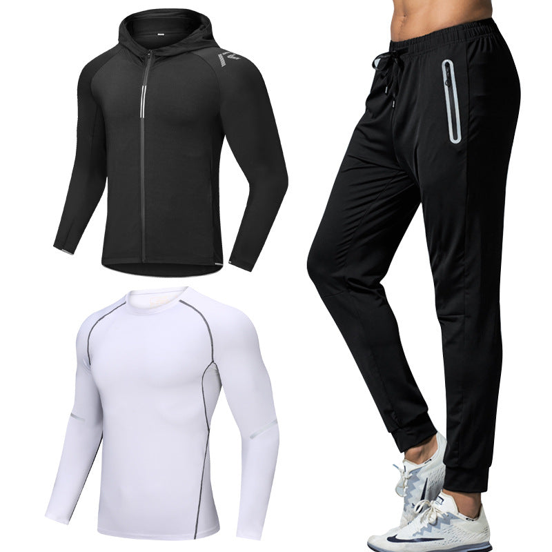 New Men's Fitness Apparel Quick-Drying Long-Sleeved Pants Tight-Fitting Elastic Sports Suit Three-Piece Set
