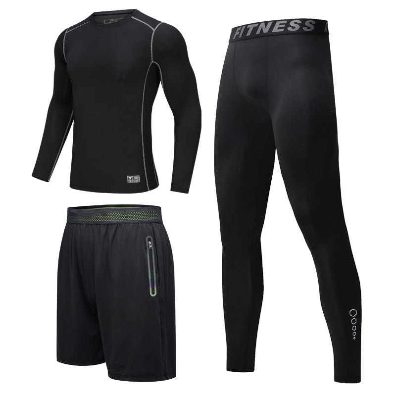 New Men's Fitness Apparel Quick-Drying Long-Sleeved Pants Tight-Fitting Elastic Sports Suit Three-Piece Set