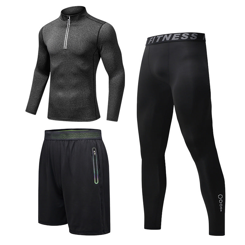 New Men's Fitness Apparel Quick-Drying Long-Sleeved Pants Tight-Fitting Elastic Sports Suit Three-Piece Set