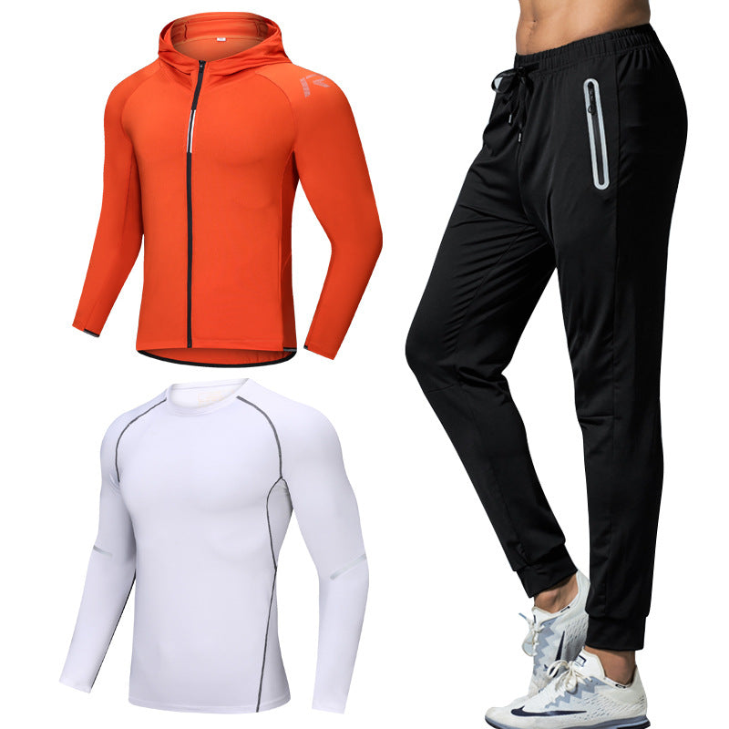 New Men's Fitness Apparel Quick-Drying Long-Sleeved Pants Tight-Fitting Elastic Sports Suit Three-Piece Set