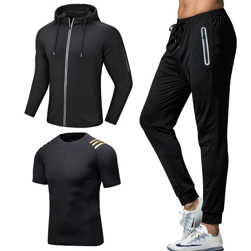 New Men's Fitness Apparel Quick-Drying Long-Sleeved Pants Tight-Fitting Elastic Sports Suit Three-Piece Set