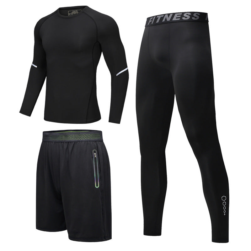 New Men's Fitness Apparel Quick-Drying Long-Sleeved Pants Tight-Fitting Elastic Sports Suit Three-Piece Set