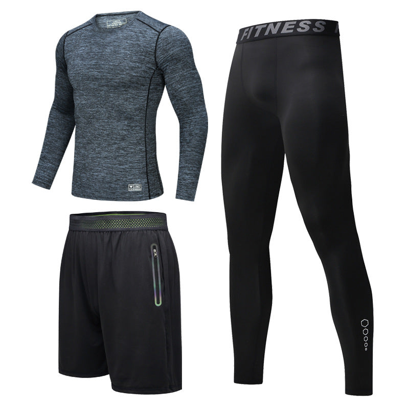 New Men's Fitness Apparel Quick-Drying Long-Sleeved Pants Tight-Fitting Elastic Sports Suit Three-Piece Set