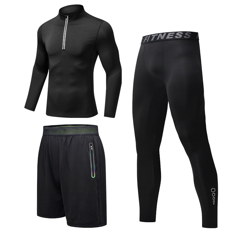 New Men's Fitness Apparel Quick-Drying Long-Sleeved Pants Tight-Fitting Elastic Sports Suit Three-Piece Set