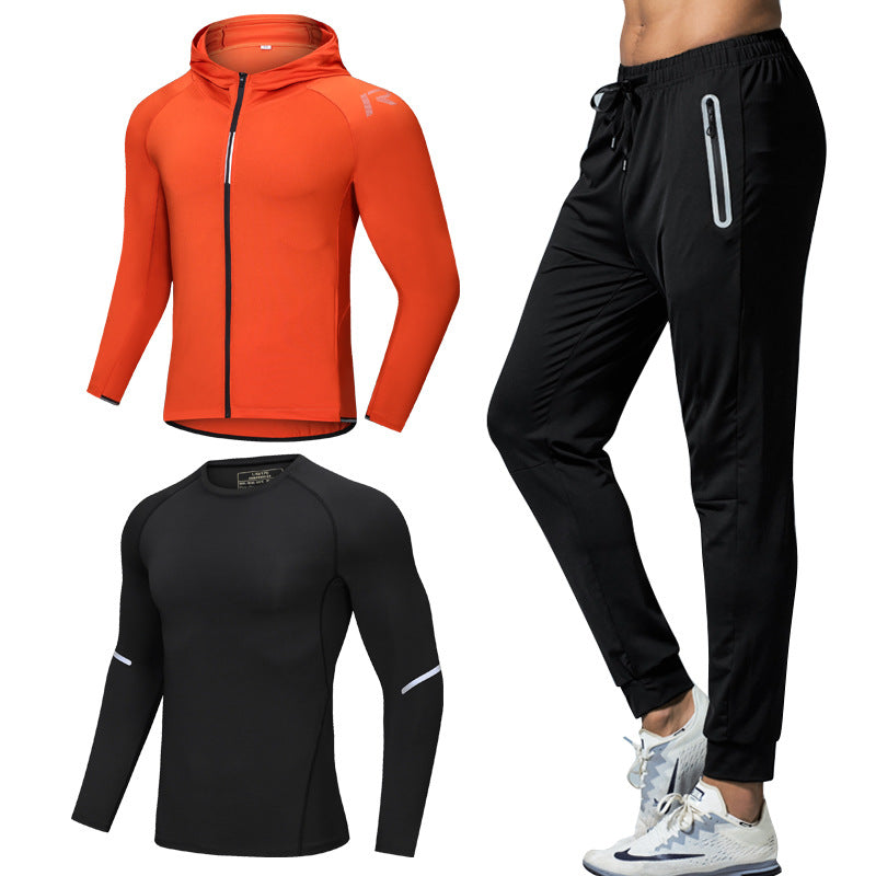New Men's Fitness Apparel Quick-Drying Long-Sleeved Pants Tight-Fitting Elastic Sports Suit Three-Piece Set