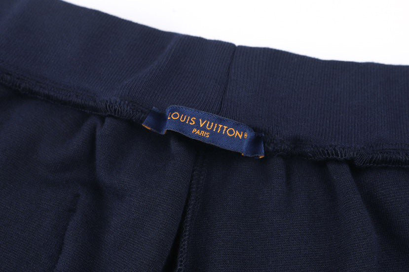 LOUIS VUITTON Navy Velour Tracksuit Set — Bomber Jacket & Jogger Pants with Leather Patch