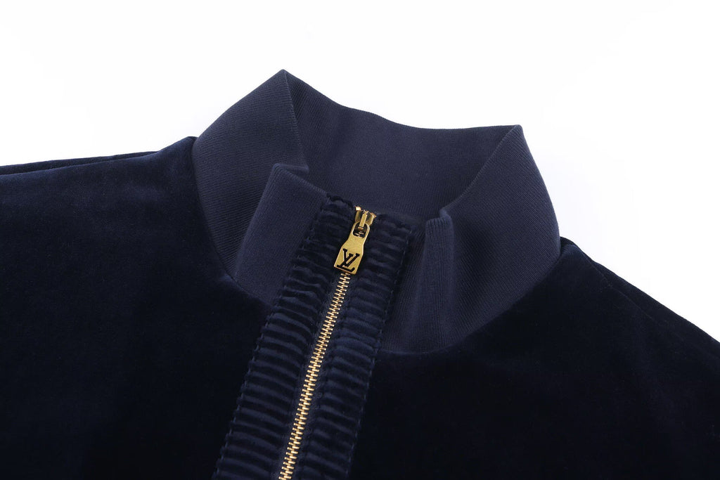 LOUIS VUITTON Navy Velour Tracksuit Set — Bomber Jacket & Jogger Pants with Leather Patch