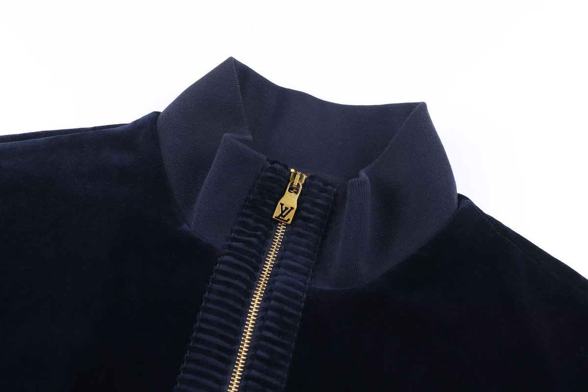 LOUIS VUITTON Navy Velour Tracksuit Set — Bomber Jacket & Jogger Pants with Leather Patch