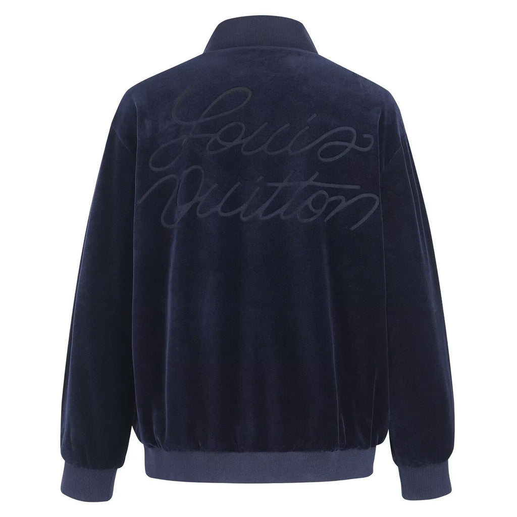 LOUIS VUITTON Navy Velour Tracksuit Set — Bomber Jacket & Jogger Pants with Leather Patch