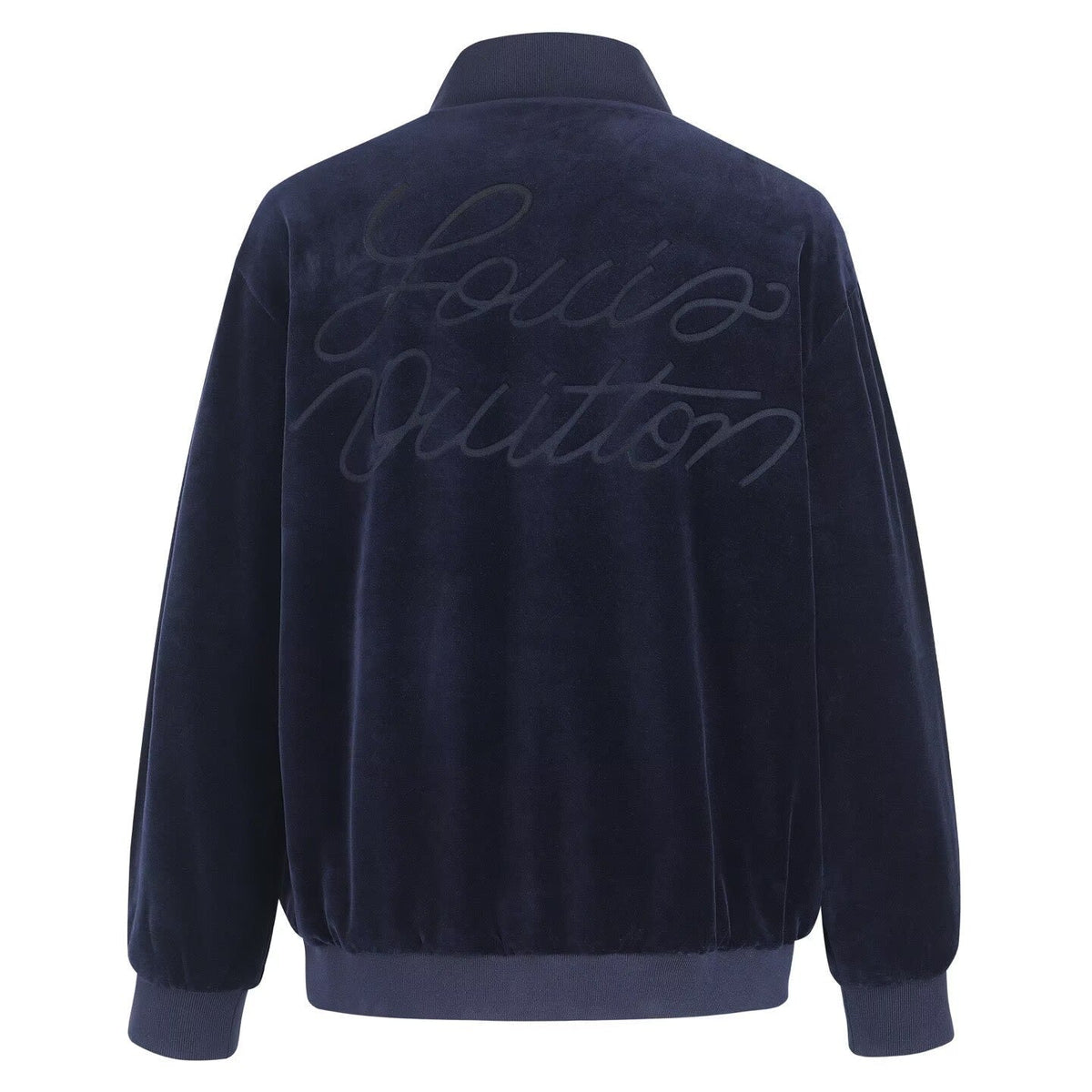 LOUIS VUITTON Navy Velour Tracksuit Set — Bomber Jacket & Jogger Pants with Leather Patch