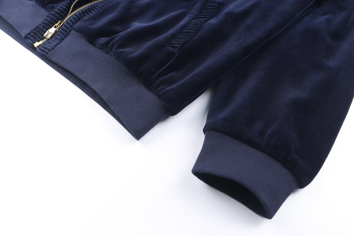 LOUIS VUITTON Navy Velour Tracksuit Set — Bomber Jacket & Jogger Pants with Leather Patch