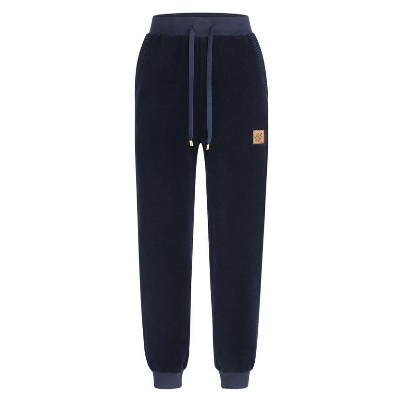 LOUIS VUITTON Navy Velour Tracksuit Set — Bomber Jacket & Jogger Pants with Leather Patch